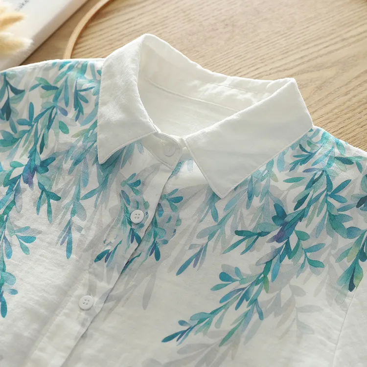 纯棉纱布白衬衫 早秋新款翻领水彩印花文艺气质减龄宽松百搭上衣