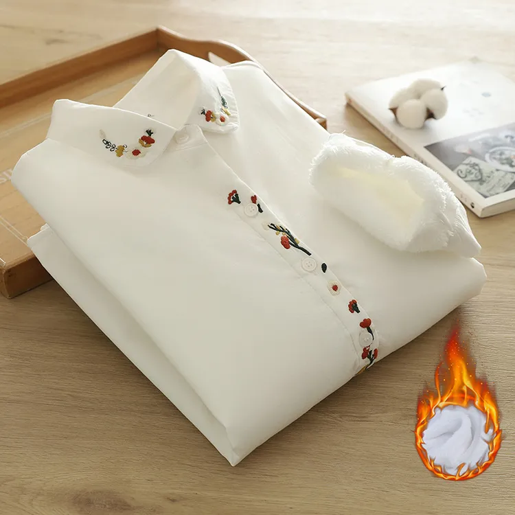 刺绣小花加绒衬衫女 文艺小清新减龄2024年新款绣花打底衬衣