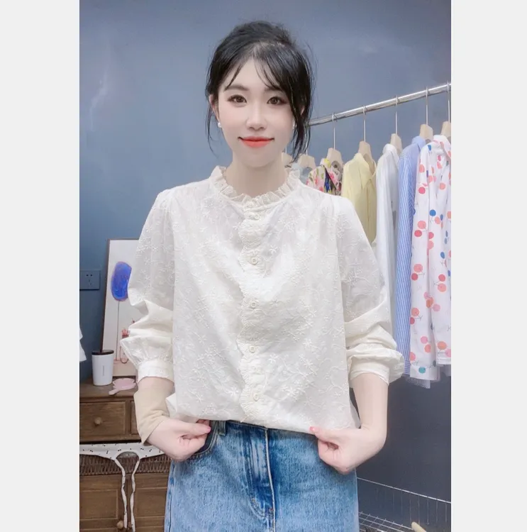 洋气百搭木耳领纯棉衬衫女2024春秋设计感白衬衣内搭蕾丝刺绣上衣