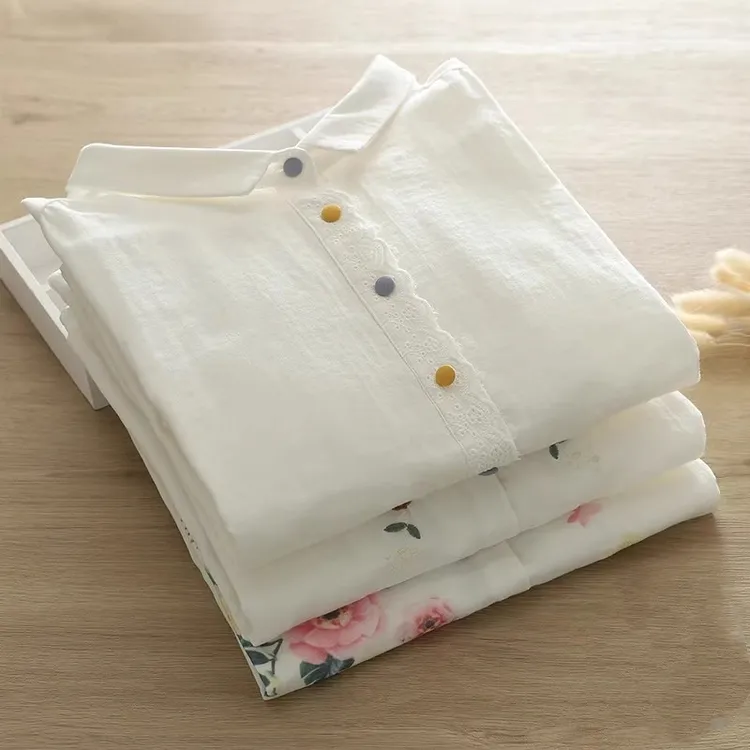 中袖衬衫 文艺小清新刺绣玫瑰花宽松大翻领双层棉纱全棉白衬衫女