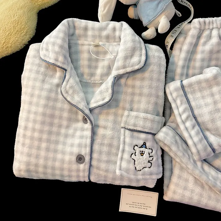 2025加厚加绒爆款珊瑚绒家居服套装睡衣女秋冬季保暖格纹卡通可爱