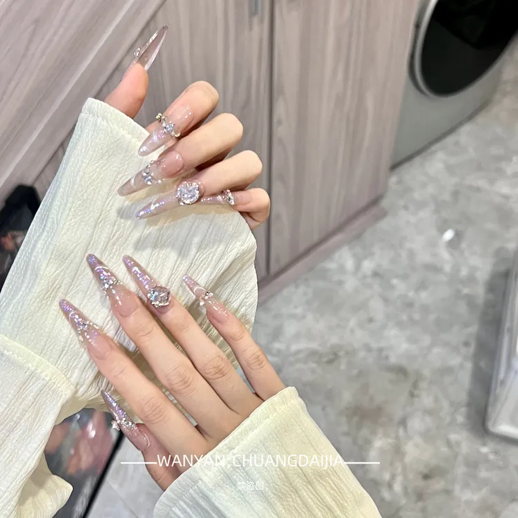 「 玛丽」WANYAN·温柔甜美风纯欲粉色渐变猫眼奢华钻纯手工穿戴甲