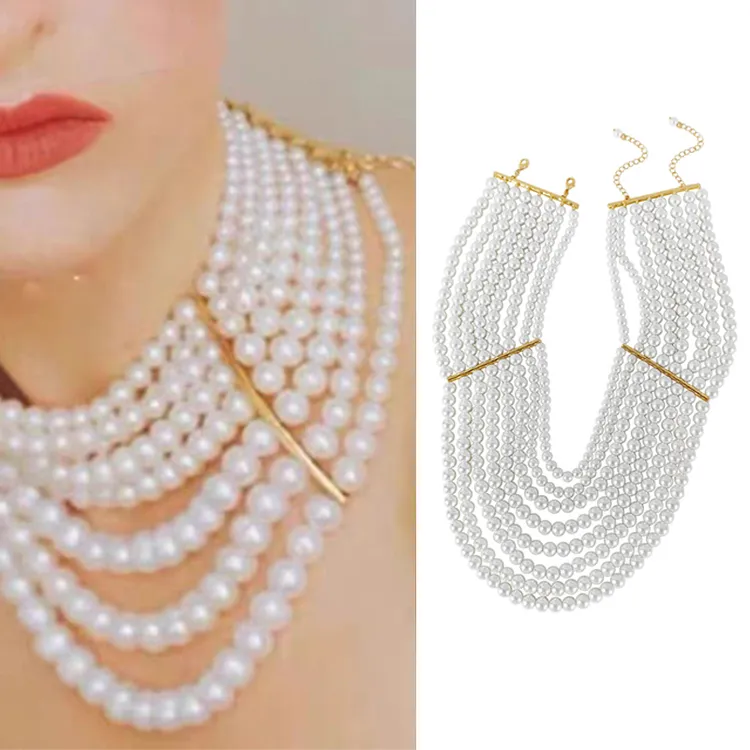 铜合金仿珍珠项链 夸张复古多层珍珠项链轻奢小众高级感名媛气质