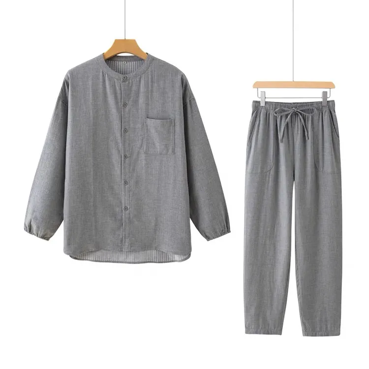 春秋全棉A类色织纯棉加厚长袖双层纱男女睡衣夏季家居服国风男装