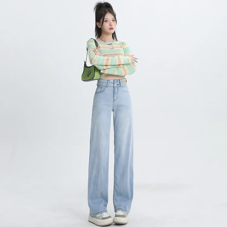 天丝牛仔裤女夏季薄款2024年新款高腰直筒垂感莱赛尔冰丝阔腿裤子