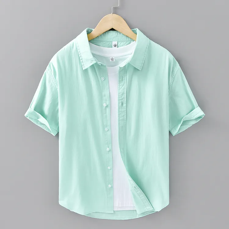 杉海仕家夏季休闲衬衫男士短袖简约时尚百搭薄款帅气纯色衬衣单件