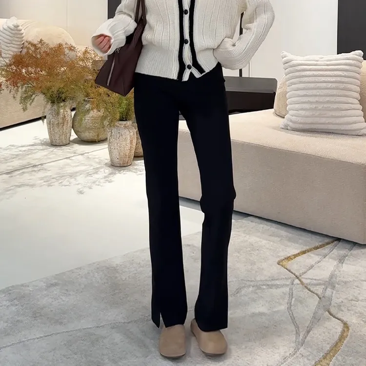 夏季凉感微喇叭裤新款小个子九分裤高腰显瘦不贴腿黑色微喇裤6566
