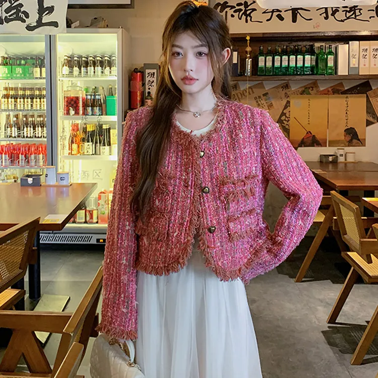 粗花呢小香风外套玫红色女早秋名媛短款小个子法式气质高级感上衣