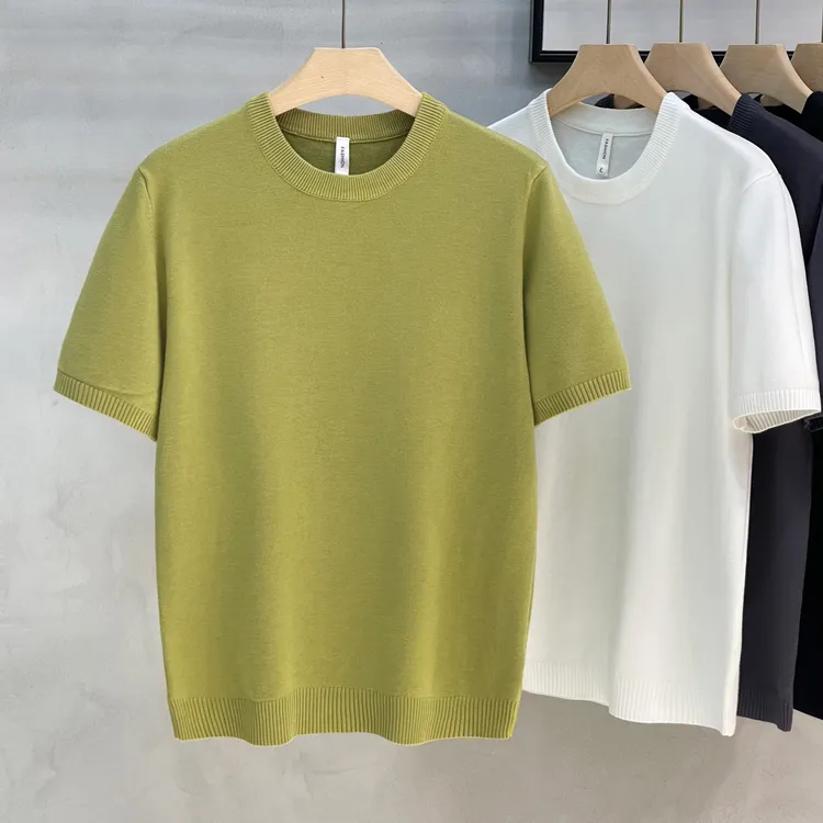 秋季新款男士老钱风针织短袖毛衣圆领纯色打底衫简约高级感男装