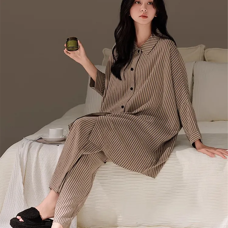 艾唯绅睡衣女士2025春秋宽松条纹爆款九分袖小众长款家居服可外穿