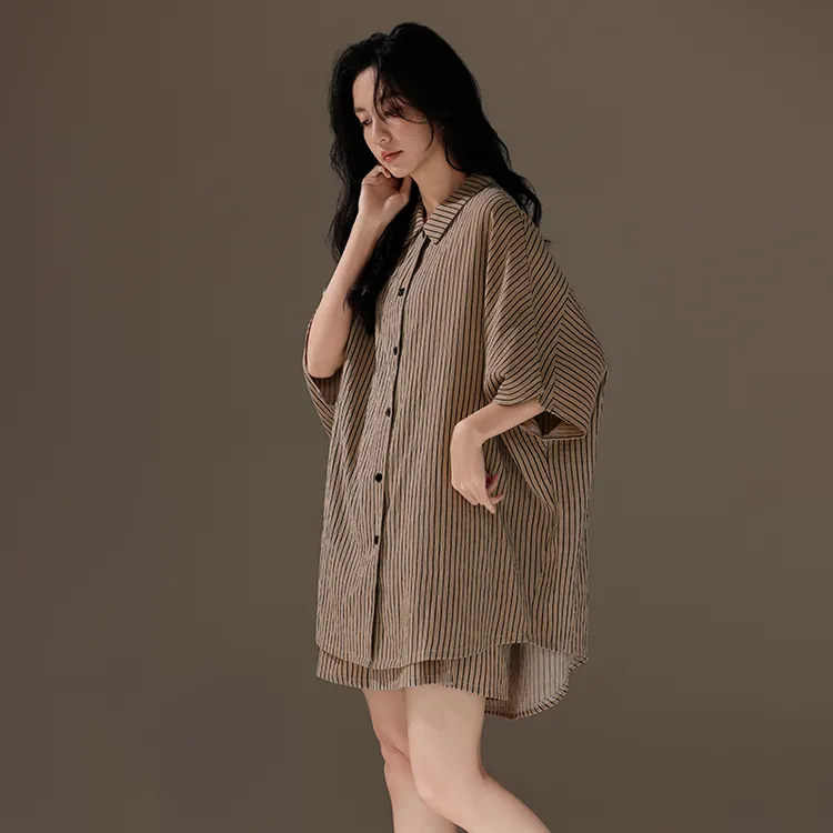艾唯绅新款睡衣女衬衫短袖宽松条纹休闲可外穿大码夏季家居服套装