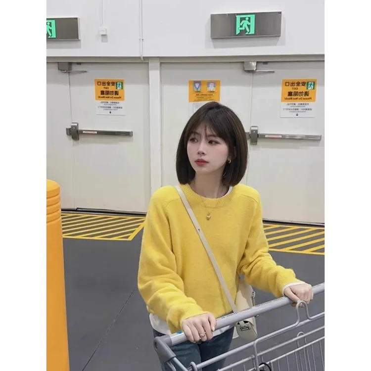 柠檬黄毛衣圆领套头软糯毛衣女秋冬内搭慵懒风针织衫气质打底上衣