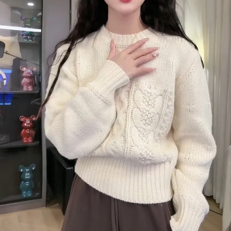 网红爆款百搭秋冬大麻花加厚毛衣小灯笼袖圆领套头针织衫上衣3104