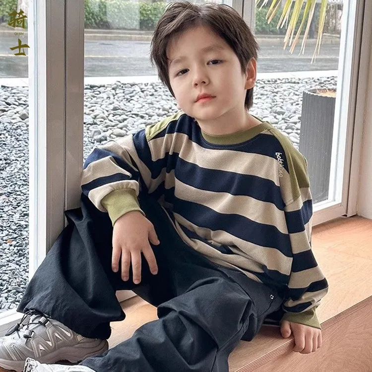男童卫衣儿童秋装休闲条纹长袖中大童宽松上衣男孩春秋洋气打底衫