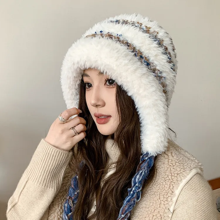 时尚多巴胺彩色毛绒针织护耳帽子女秋冬户外滑雪保暖包头毛绒帽