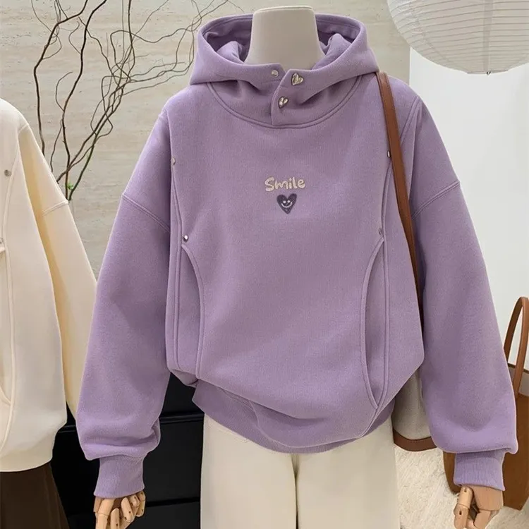 设计感小众刺绣爱心笑脸连帽卫衣女秋冬加绒加厚宽松爆款上衣外套