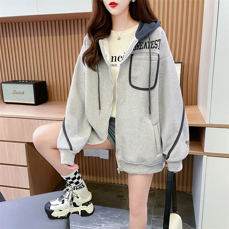 华夫格撞色连帽外套女秋冬加绒加厚2025新款宽松韩版上衣开衫卫衣