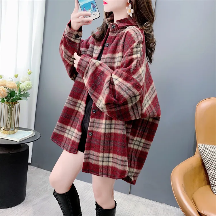复古磨毛格子衬衫女加厚2025年新款秋冬韩版宽松百搭毛呢外套上衣