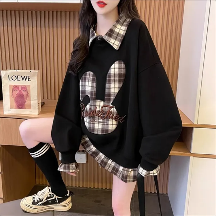 加绒加厚假两件卫衣女2025新款秋冬季宽松减龄洋气格子polo领上衣