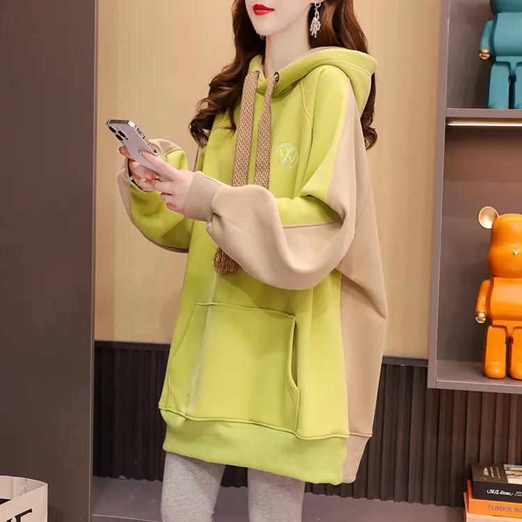 连帽薄款卫衣女中长款2025新款春秋季爆款洋气宽松设计感拼色外套
