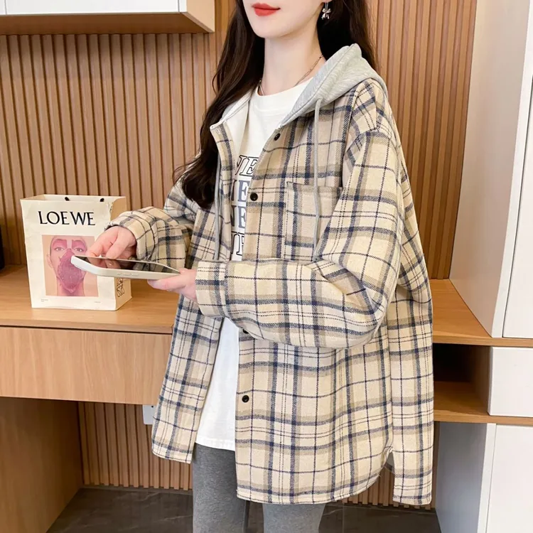连帽格子衬衫外套女洋气休闲磨毛衬衣2025新款春秋宽松设计感上衣