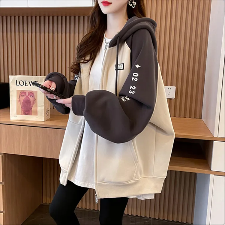 拼色连帽棒球服卫衣女加绒加厚2025新款韩版宽松休闲开衫拉链外套