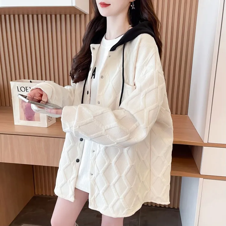 立体菱形格纹撞色连帽外套女春秋季2025新款宽松休闲时尚加厚卫衣