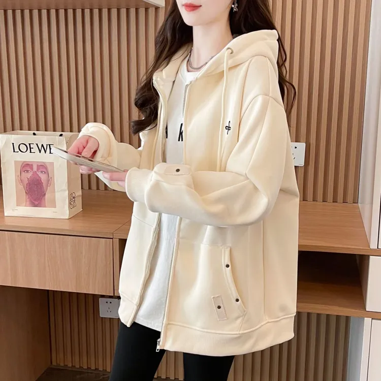 连帽卫衣外套女宽松设计感小众加绒加厚秋冬2025新款拉链开衫上衣
