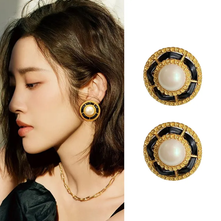 铜合金耳饰 复古小香风穿皮珠珠耳钉耳夹英伦风编织港风N10078