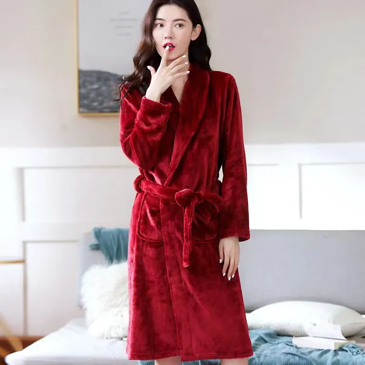睡袍女法兰绒睡袍加绒加厚珊瑚绒中长款浴袍女秋冬季睡袍睡衣女
