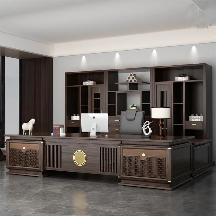 新中式实木老板桌轻奢办公桌乌金木大班台董事长办公家具定制