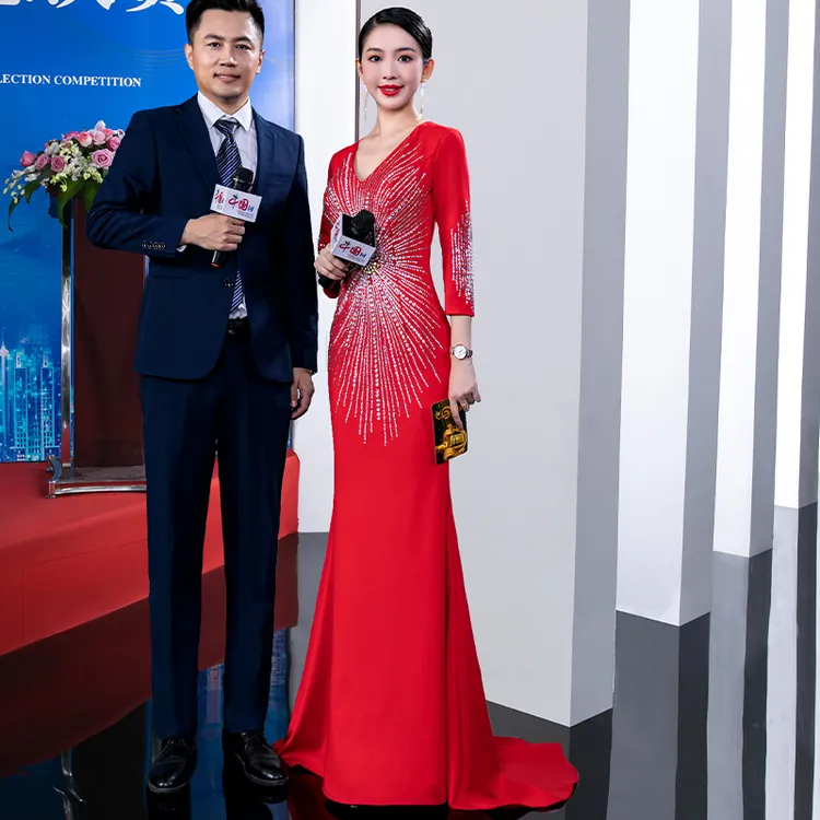 9307高端长款连衣裙主持人走秀演出服2024新款气质结婚新娘晚礼服