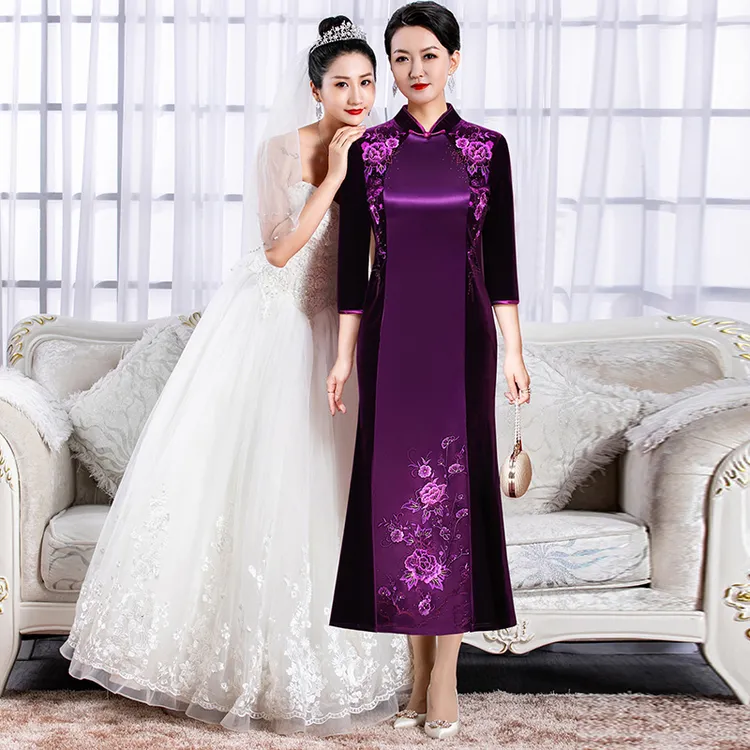 5394喜婆婆喜妈妈婚宴春季礼服遮肚改良版旗袍高贵可平日穿连衣裙