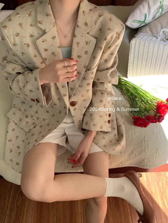 法式小众2024春秋名媛碎花印花西装韩版外套女宽松高级感长袖西服