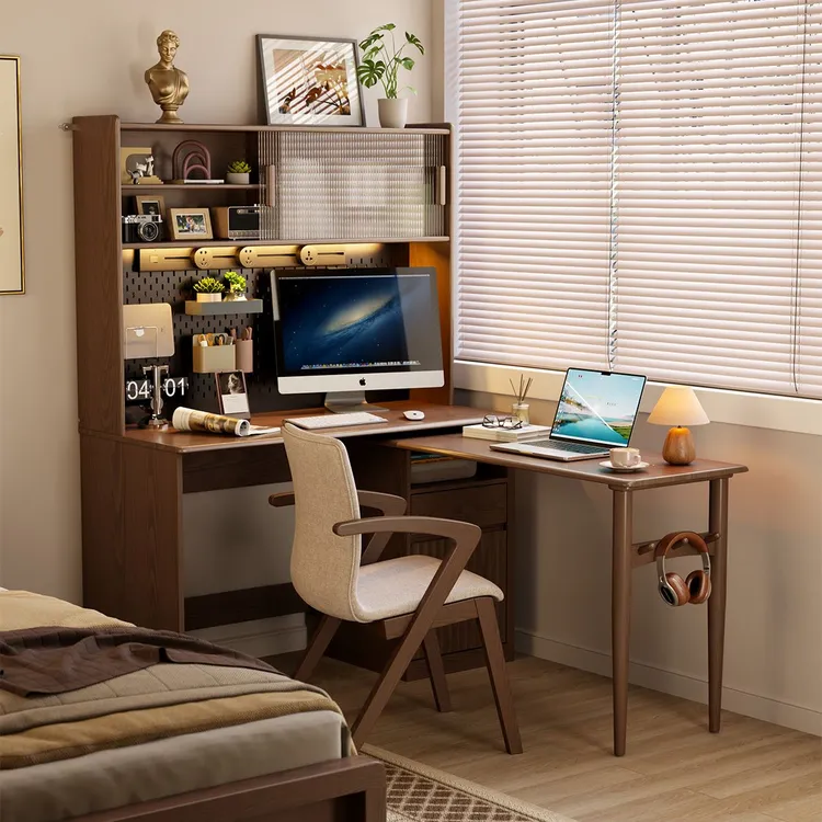 实木旋转书桌书架一体折叠家用拐角书柜学生卧室转角办公电脑桌子