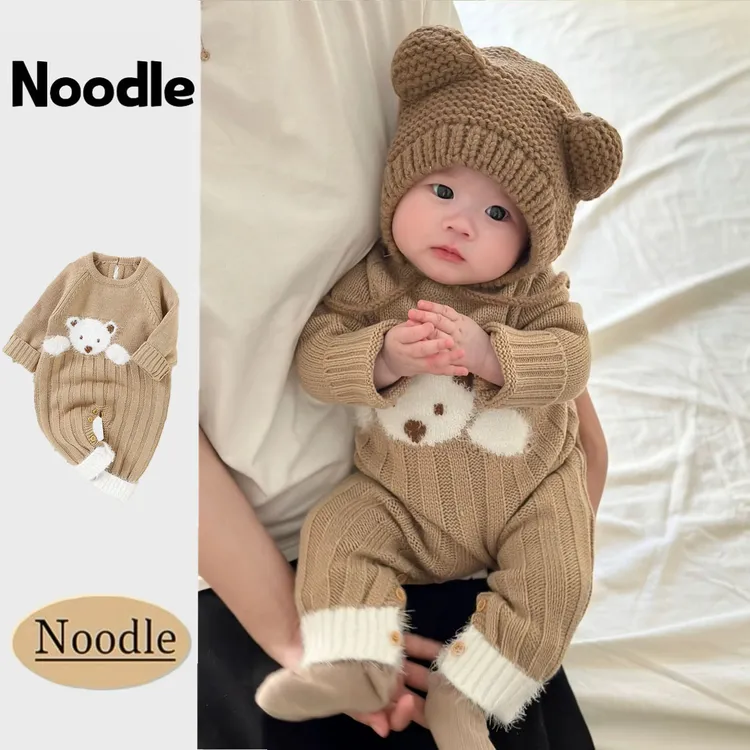 ins春装新款婴幼童可爱小熊提花连体哈衣男宝宝针织保暖毛衣爬服