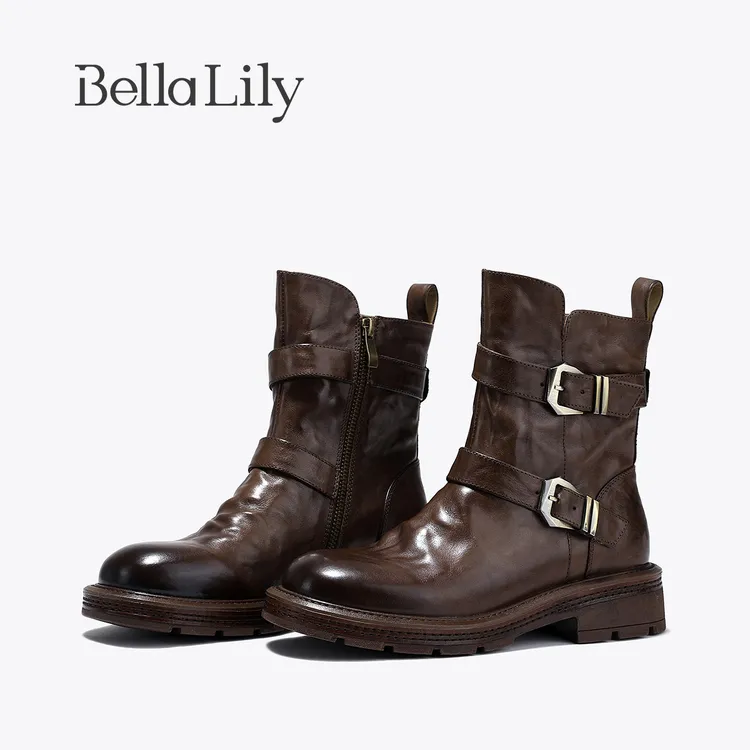 BellaLily2024年秋冬新款英伦风中筒靴女潮流女神靴子百搭时装靴
