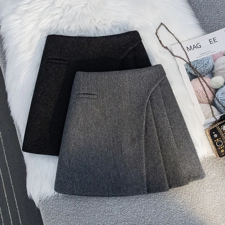  高级感灰色加厚毛呢a字半身裙秋冬2025新款高腰不规则百褶裙短裙