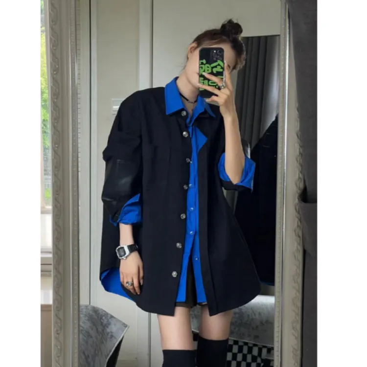 秋季新款克莱因蓝休闲衬衫+黑色外套春秋宽松高级感叠穿两件套女