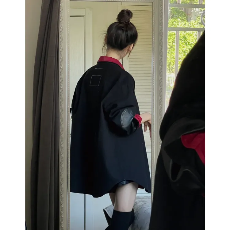 红衬衣春秋新款搭配小众设计感黑色外套百搭两件套宽松秋季女装