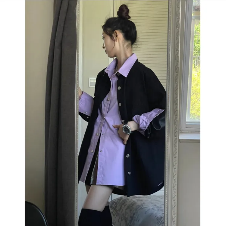 黑色牛仔外套+紫色衬衣春装新款叠穿休闲宽松拼接港风设计感套装
