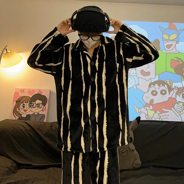 日系高级感条纹睡衣男士冬款珊瑚绒加厚款简约大码家居服冬季套装