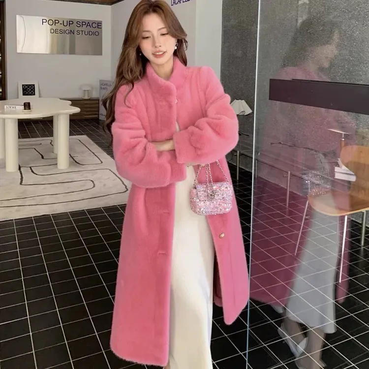 秋冬定制长款修身立领大衣毛毛加厚冬季外套仿貂毛100长