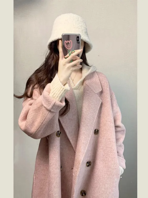 粉色双面呢大衣气质女秋冬高级感2024新款韩系中长款呢子毛呢外套