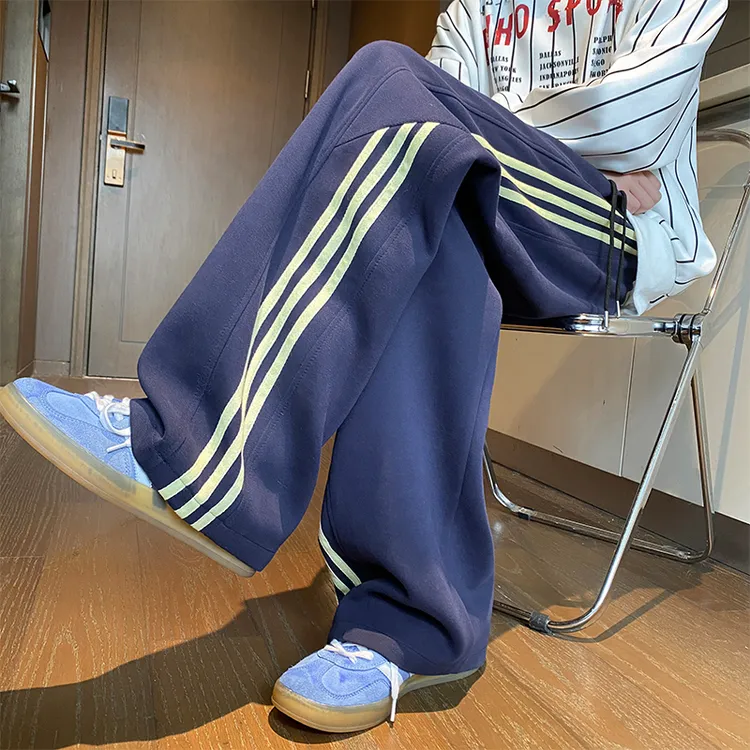 加绒三条杠条纹运动卫裤男款冬季加厚垂感阔腿裤子宽松直筒休闲裤