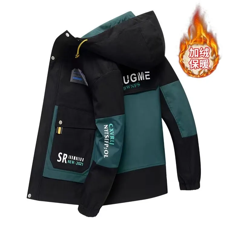 棉衣男冬季加绒加厚男士外套青少年潮流拼色印花连帽工装棉衣男