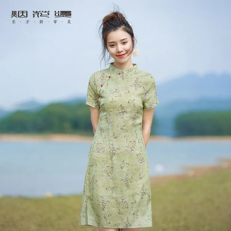 烟花烫改良旗袍裙女 2025夏季新款清新显瘦文艺印花连衣裙子 雍华