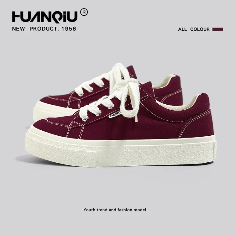 环球酒红色帆布鞋男款2025秋季新款厚底低帮休闲运动学生男板鞋子