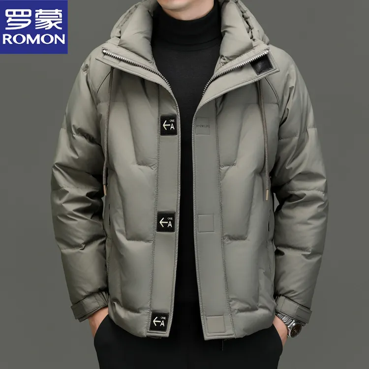 罗蒙羽绒服男士短款冬季2024新款帅气连帽加厚保暖休闲白鸭绒外套