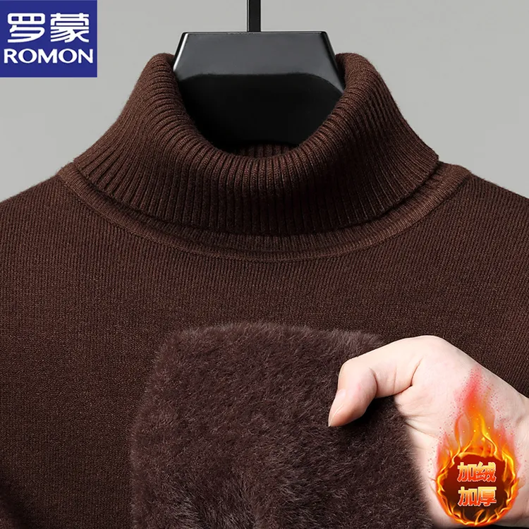 罗蒙可翻高领毛衣男士加绒加厚保暖针织衫冬季亲肤百搭纯色打底衫